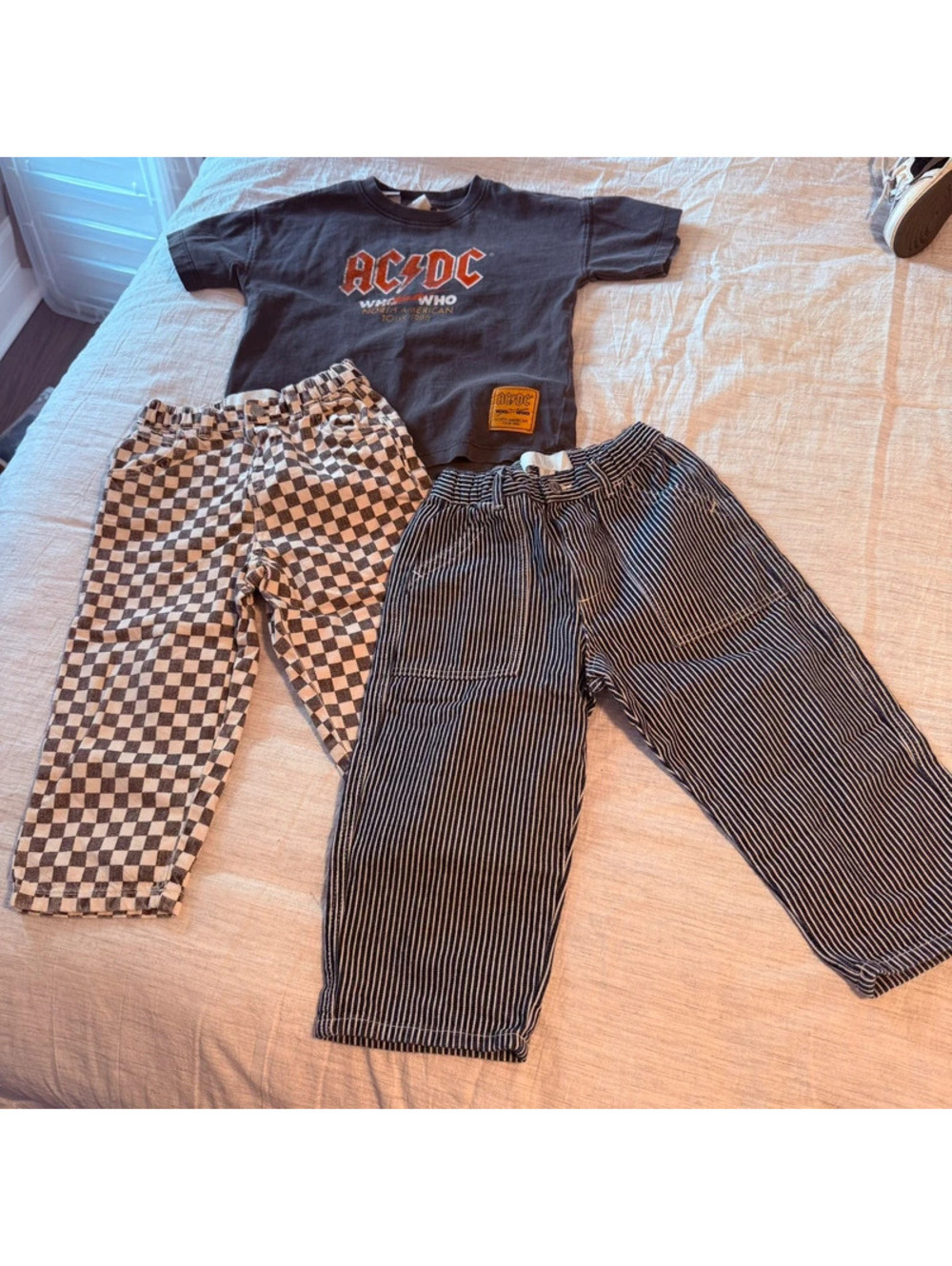 Zara checkerboard and blue stripe pant tshirt bundle